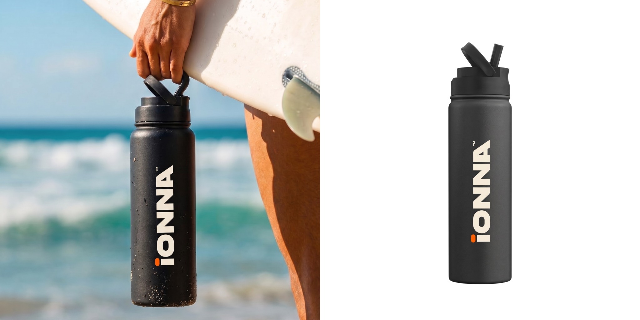 Custom black JoyJolt 22 oz water bottle with Ionna vertical logo being carried by model next to product