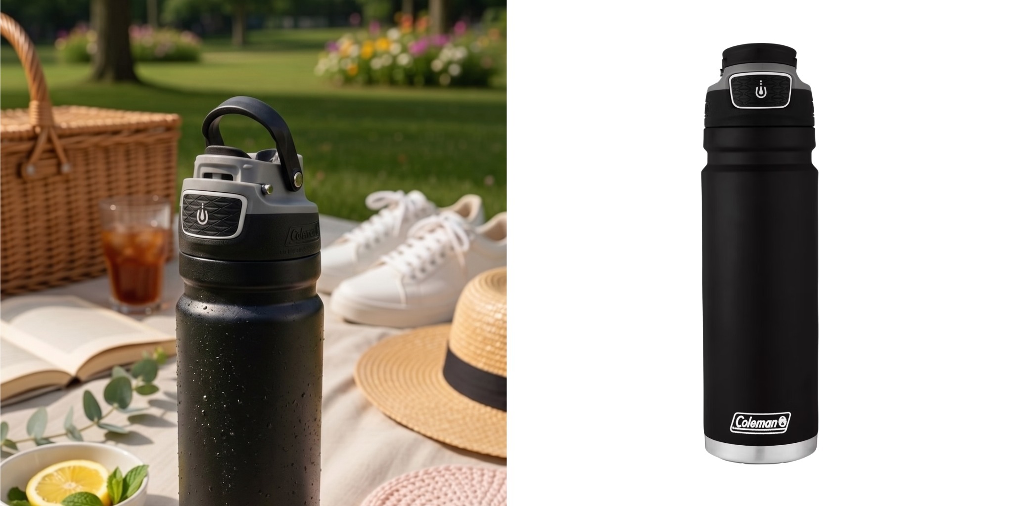 Black Coleman insulated water bottle with carry handle at an outdoor picnic beside the product.