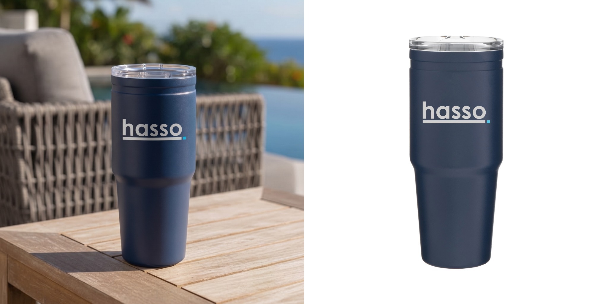 Custom navy h2go Talus tumbler with printed hasso company logo on a patio table next to product.