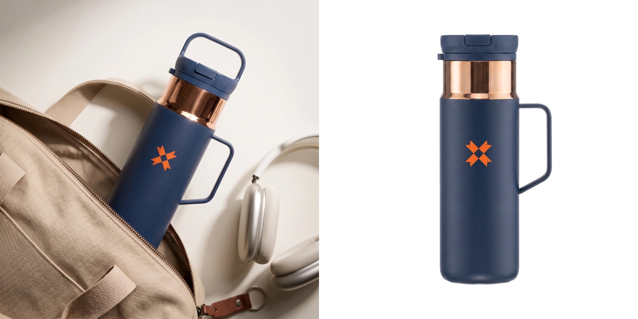 Custom navy Contigo 20 oz tumbler with printed company logo in bag next to product.