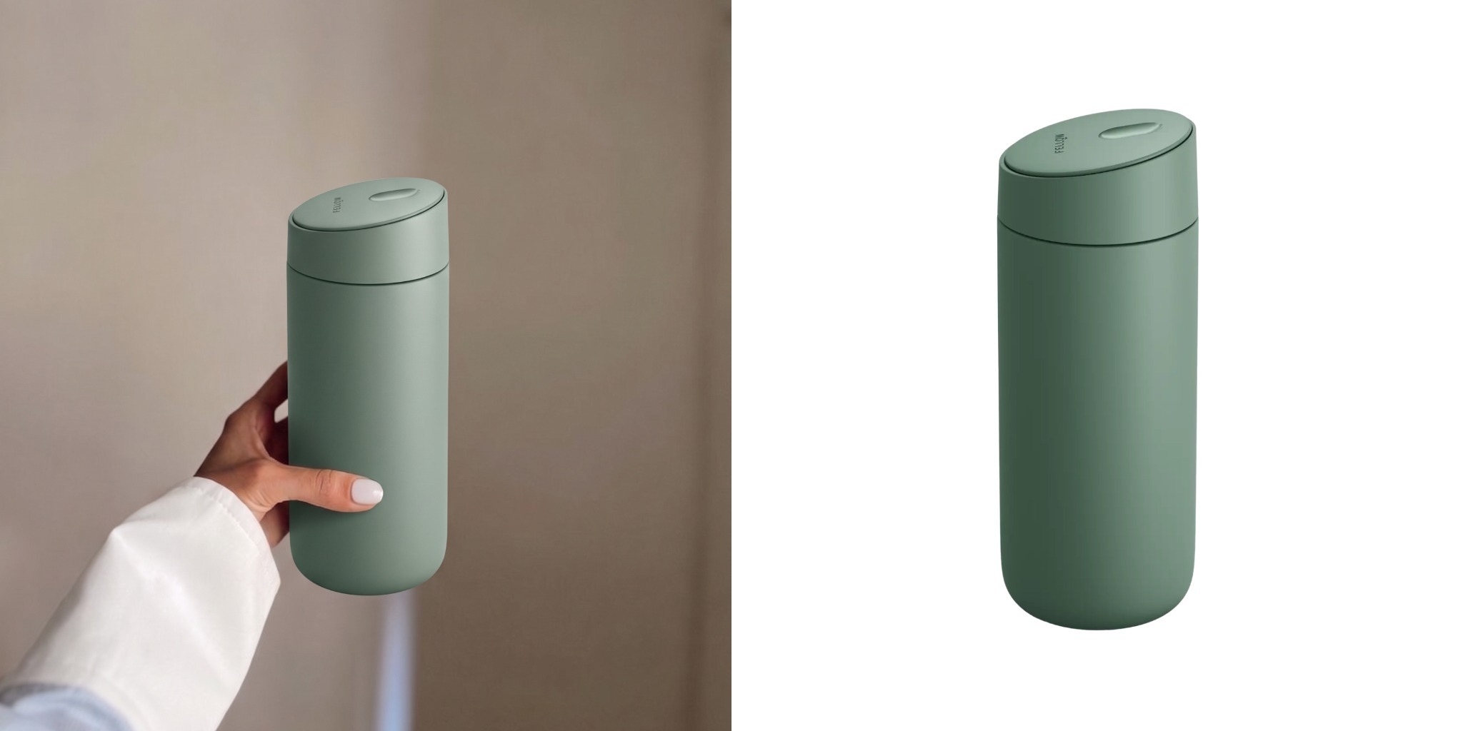 Green Fellow Carter travel mug with minimalist design in model's hand next to product.