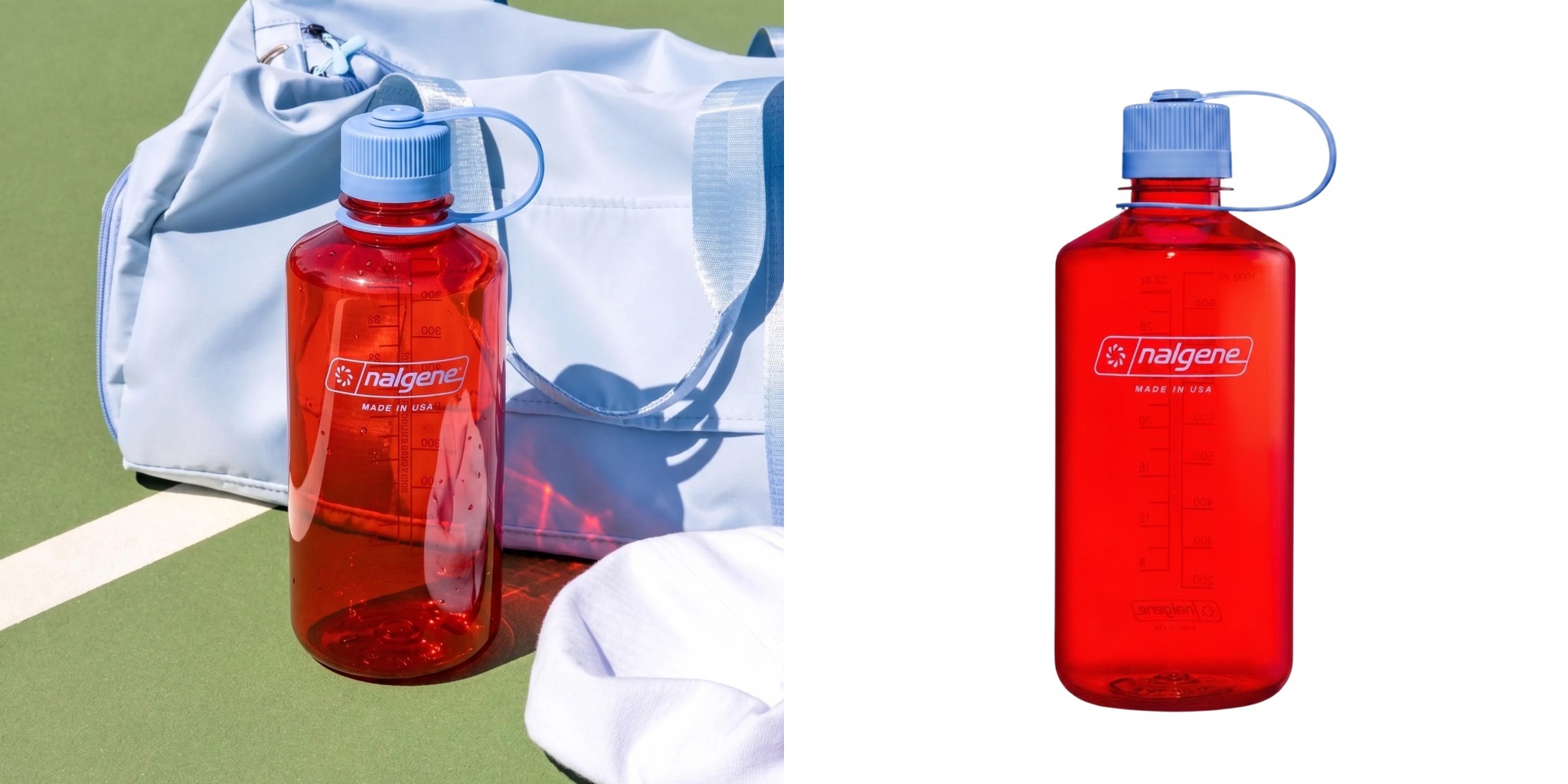 Red Nalgene narrow-mouth water bottle with blue cap on tennis court next to product