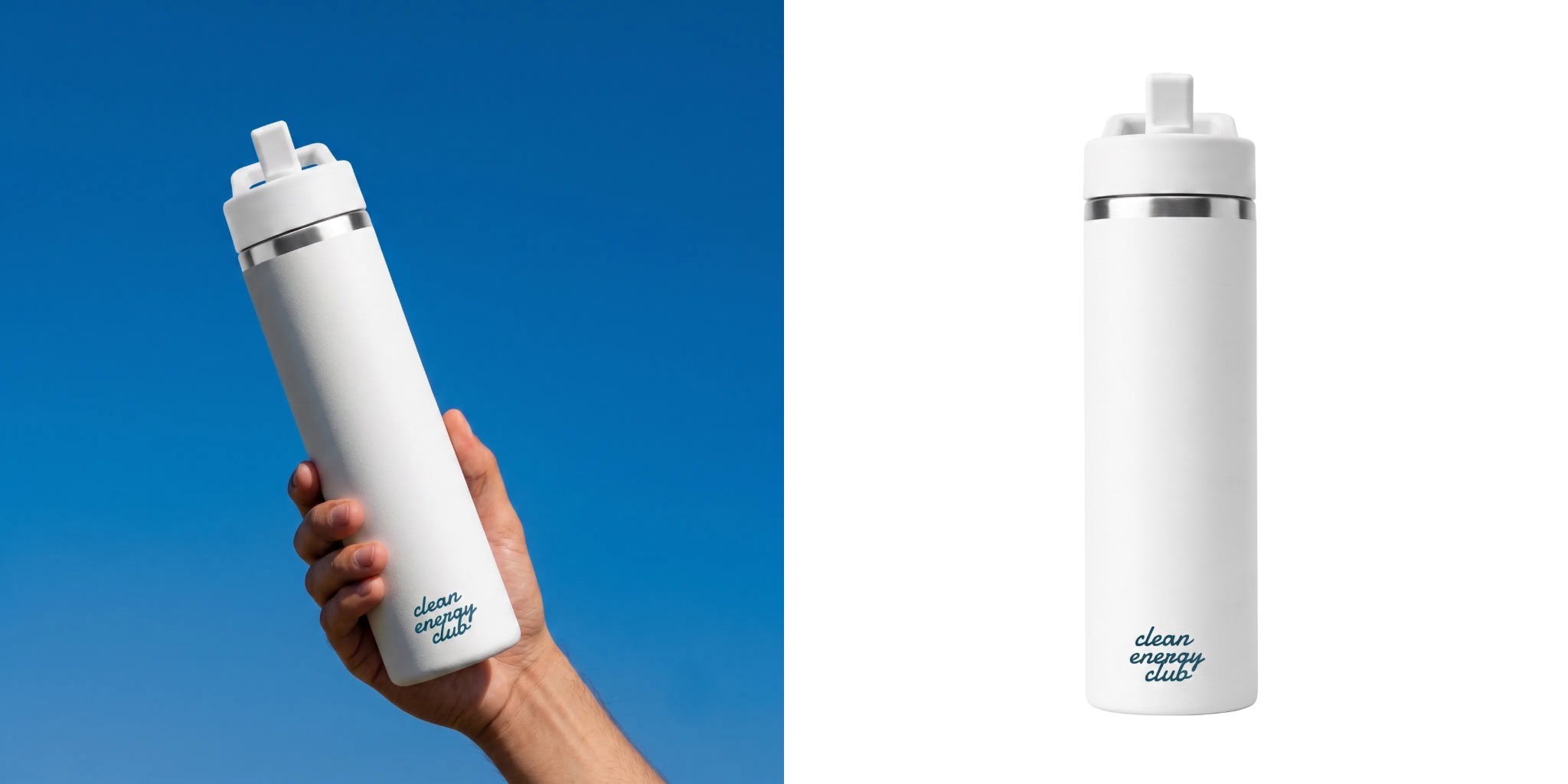 Custom white Welly Traveler bottle with printed company logo being held by model next to product