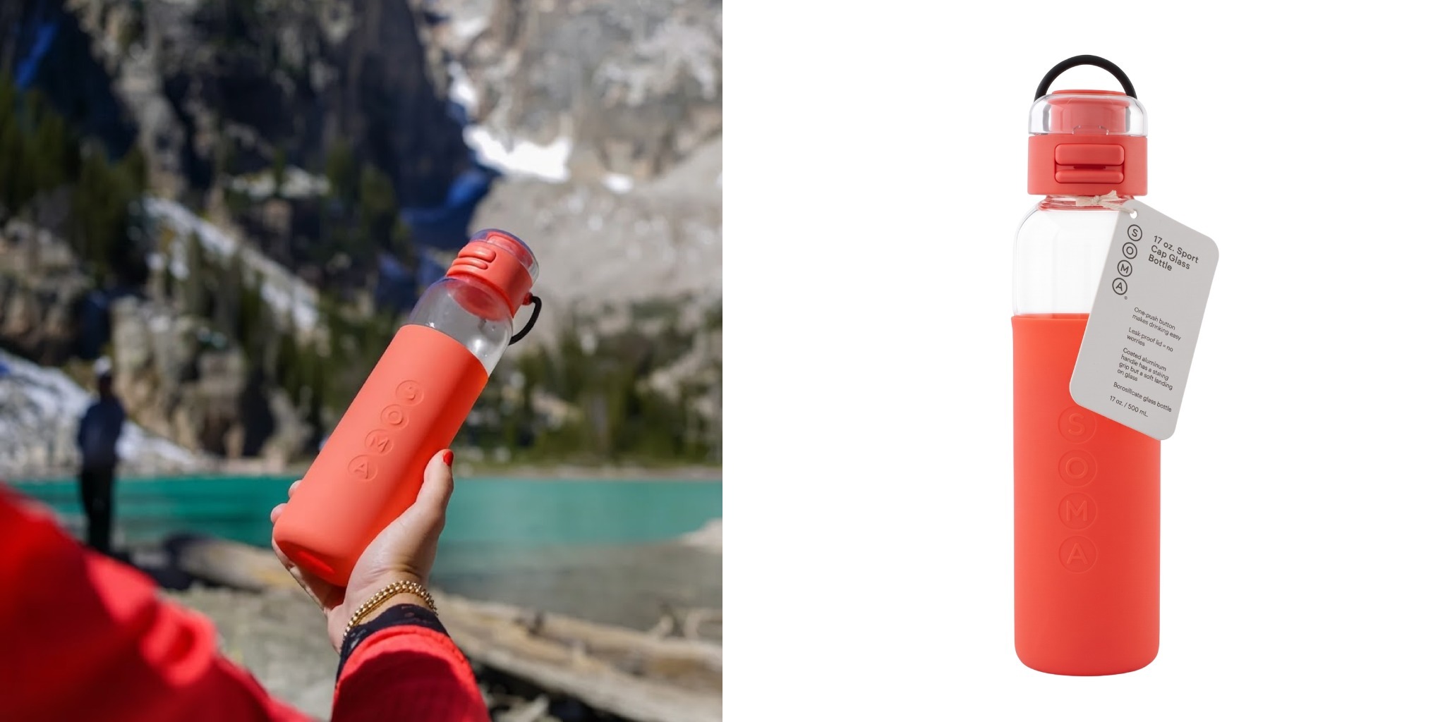 Coral Soma 17 oz glass water bottle with silicone sleeve shown outside with model next to product with tag