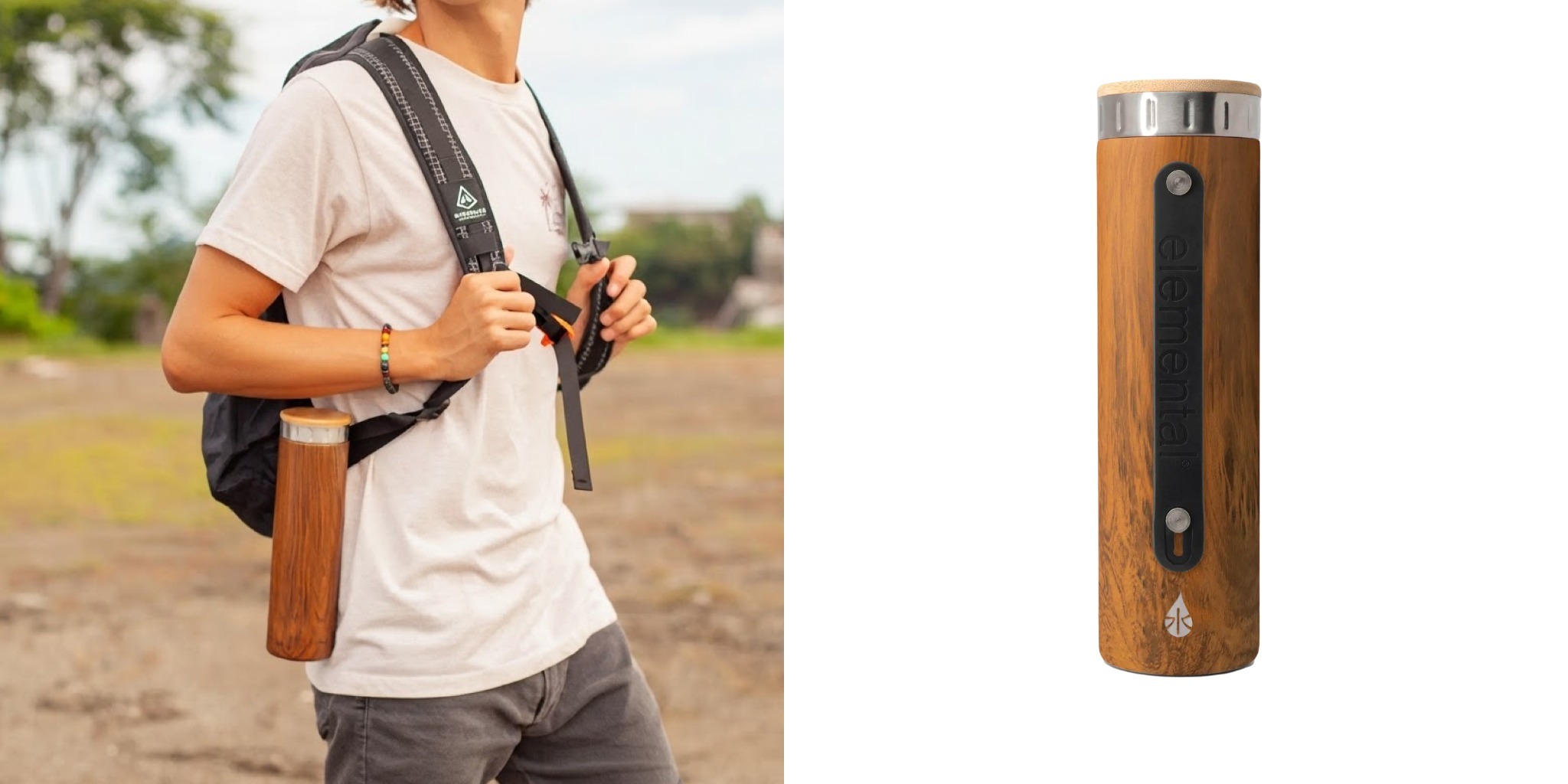 Wood grain Elemental water bottle with adjustable carry strap shown on model's backpack outside next to product.