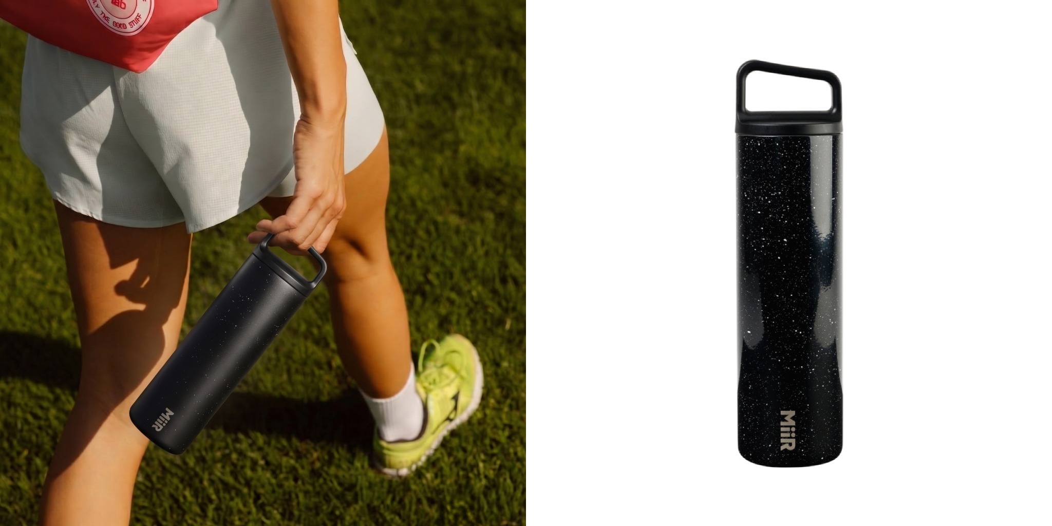 Black MiiR 20 oz water bottle with carry handle being held by model next to product