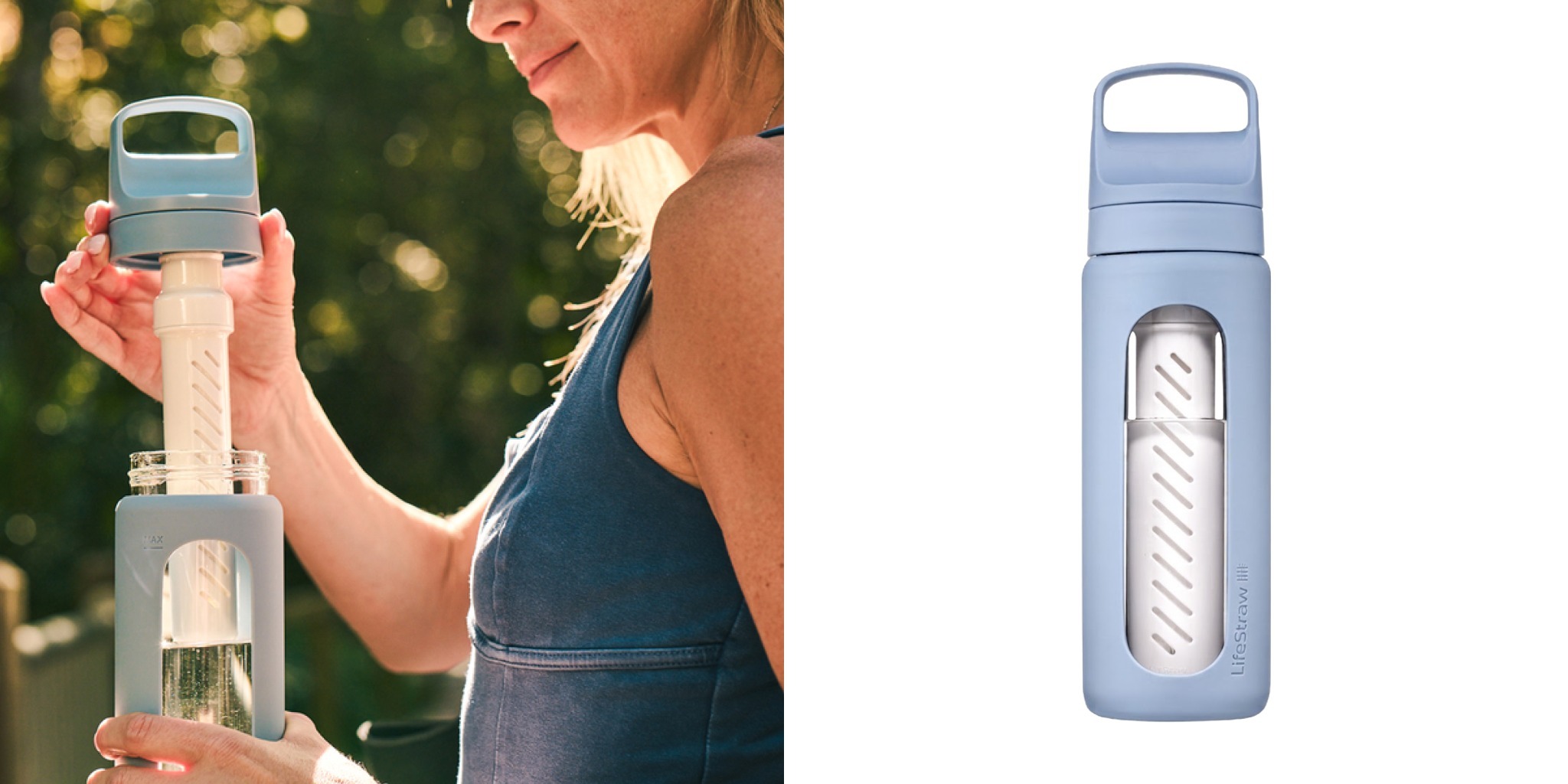 Blue LifeStraw water filter bottle with removable filter being held by model next to product