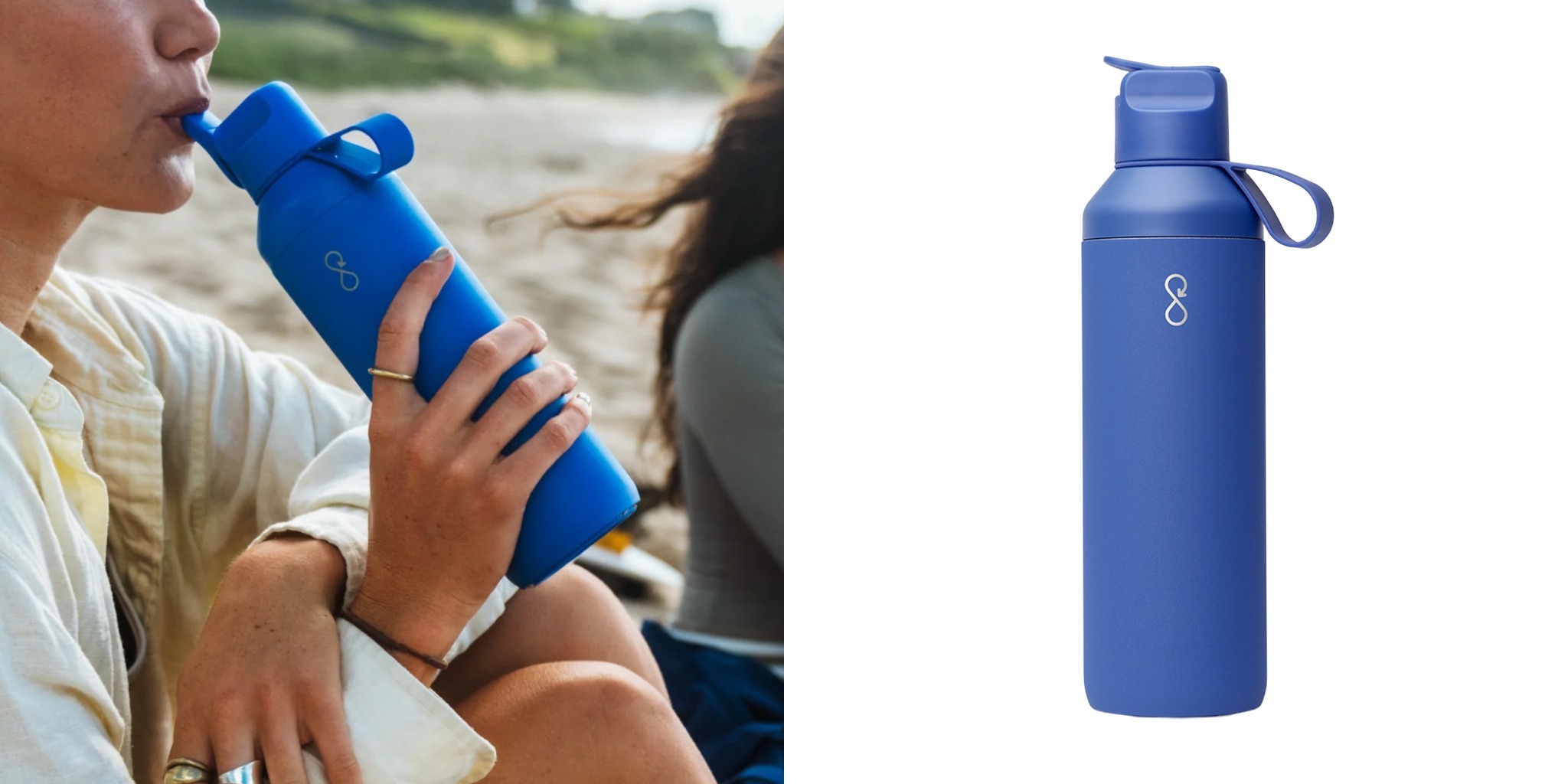 Model drinking from blue Ocean Bottle reusable water bottle with flip-top lid next to product