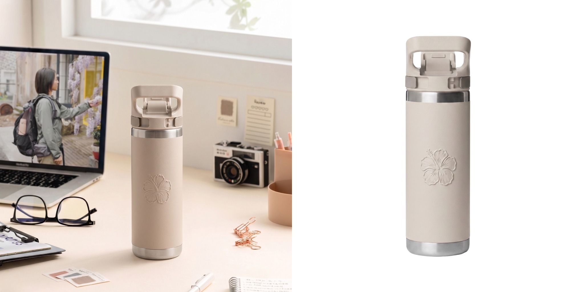 Custom beige YETI 36 oz water bottle with engraved floral logo sitting on desk next to product