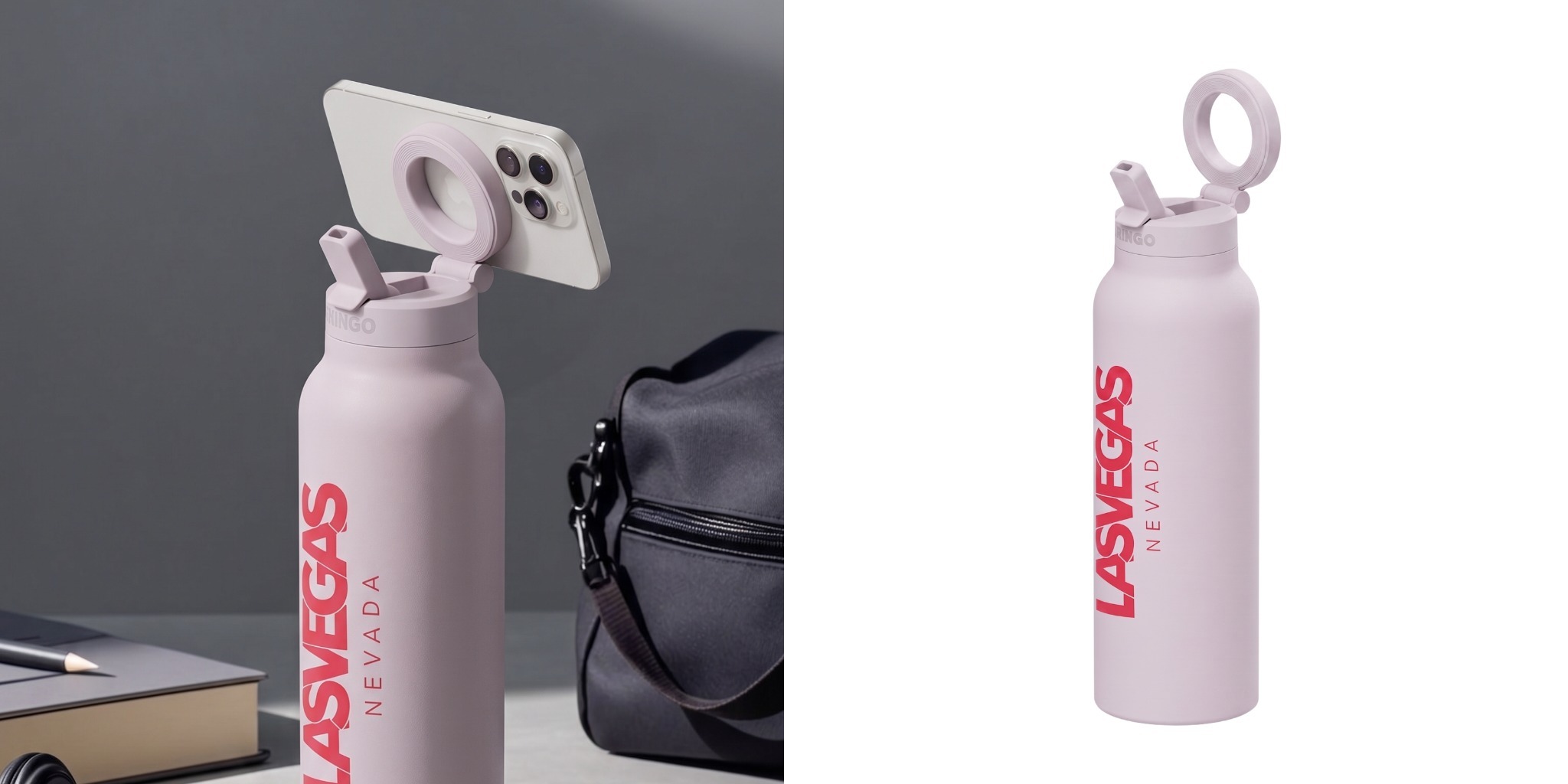 Custom pink RINGO Pro water bottle with phone holder and Las Vegas branding shown with iphone next to product