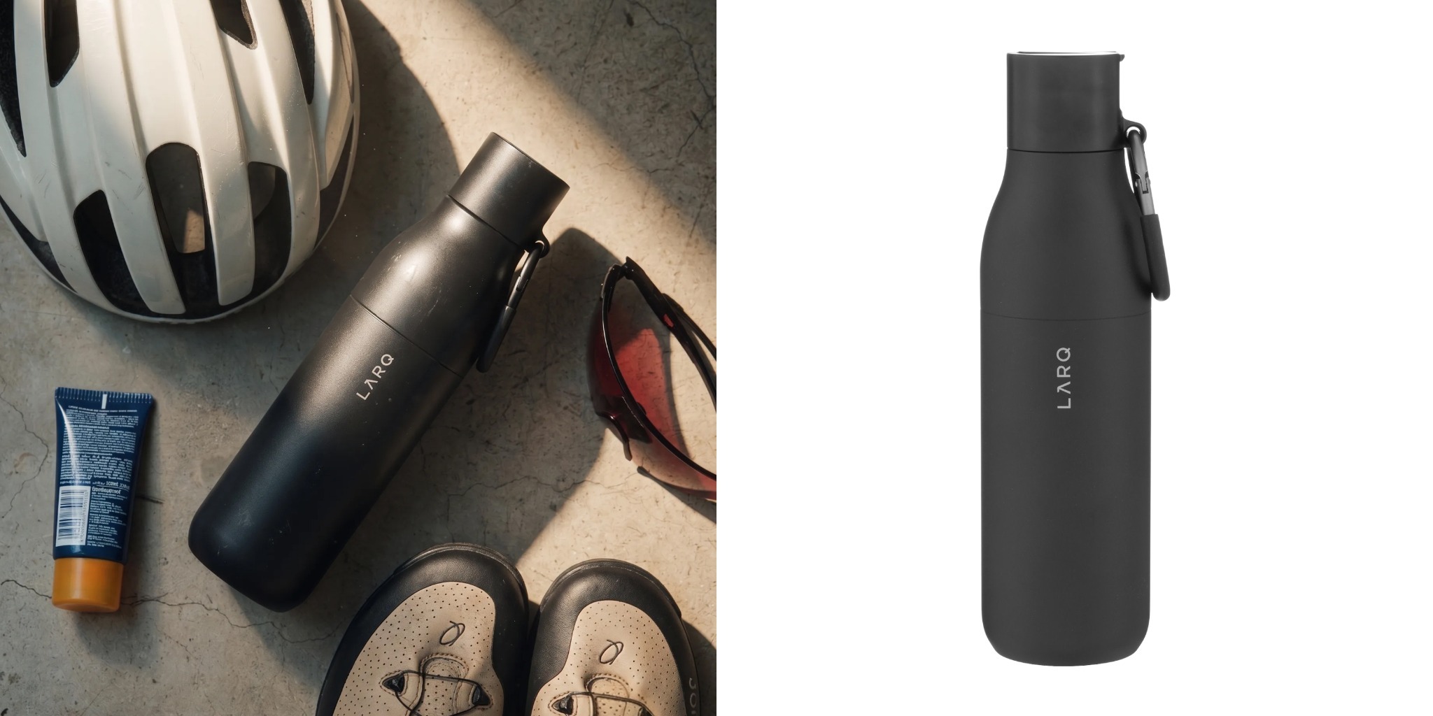 Black LARQ water bottle with carabiner-style carry clip shown outside next to product