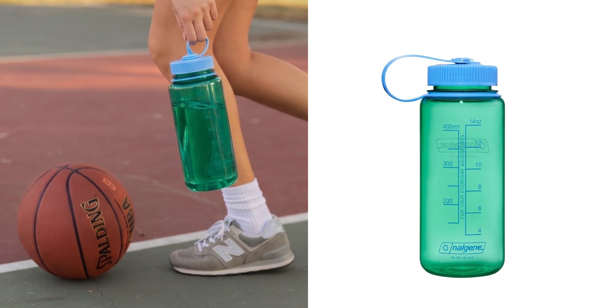 Green Nalgene wide-mouth water bottle with blue cap shown with model on basketball court next to product