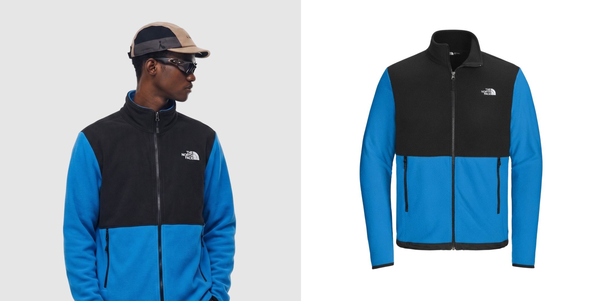 Man wearing a blue and black The North Face Glacier Full-Zip Fleece Jacket next to a product view of the jacket.