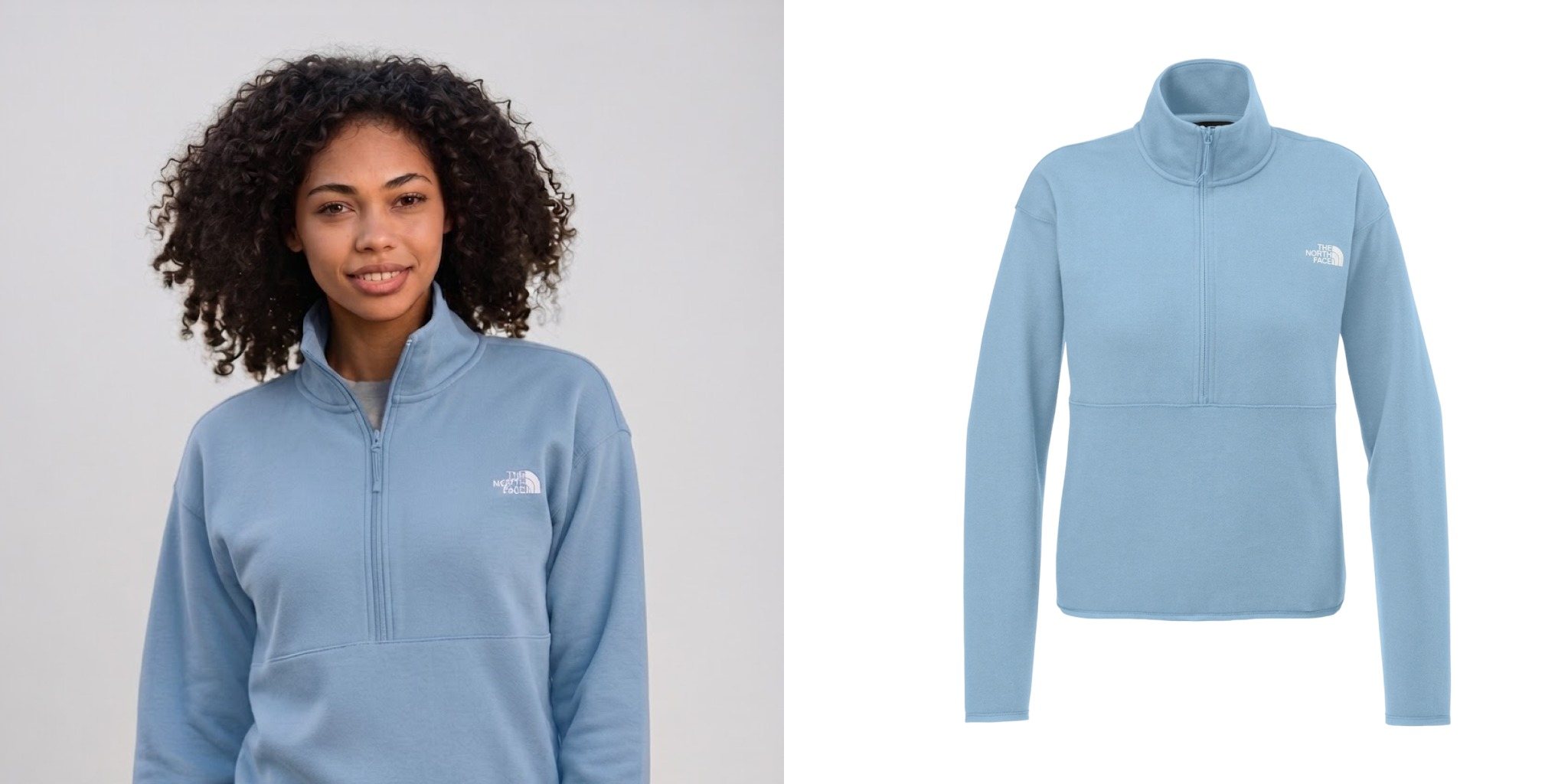 Woman wearing a light blue The North Face half-zip fleece next to a product view of the pullover.