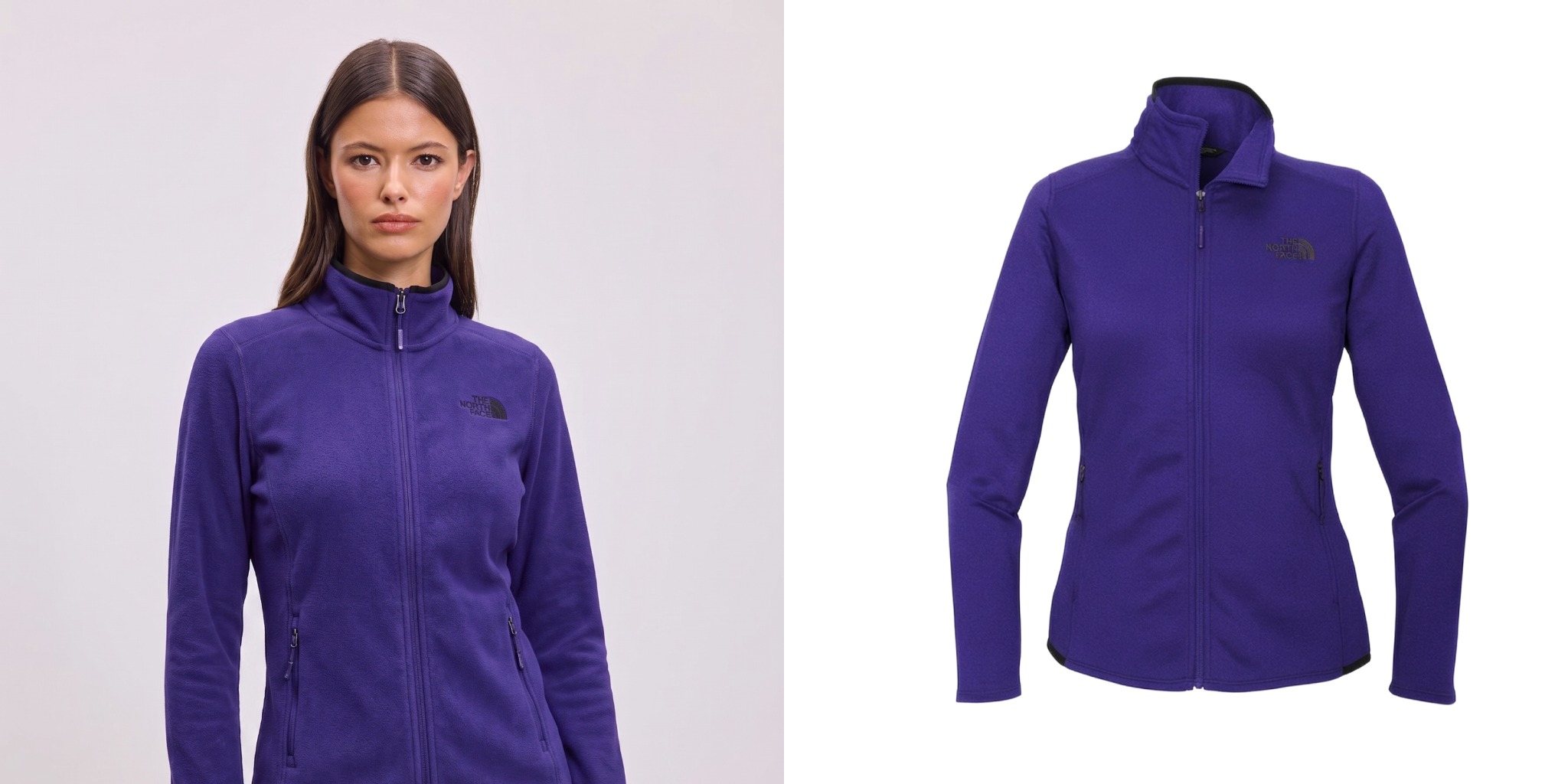 Woman wearing a purple The North Face Skyline Full-Zip Fleece Jacket next to a product view of the jacket.