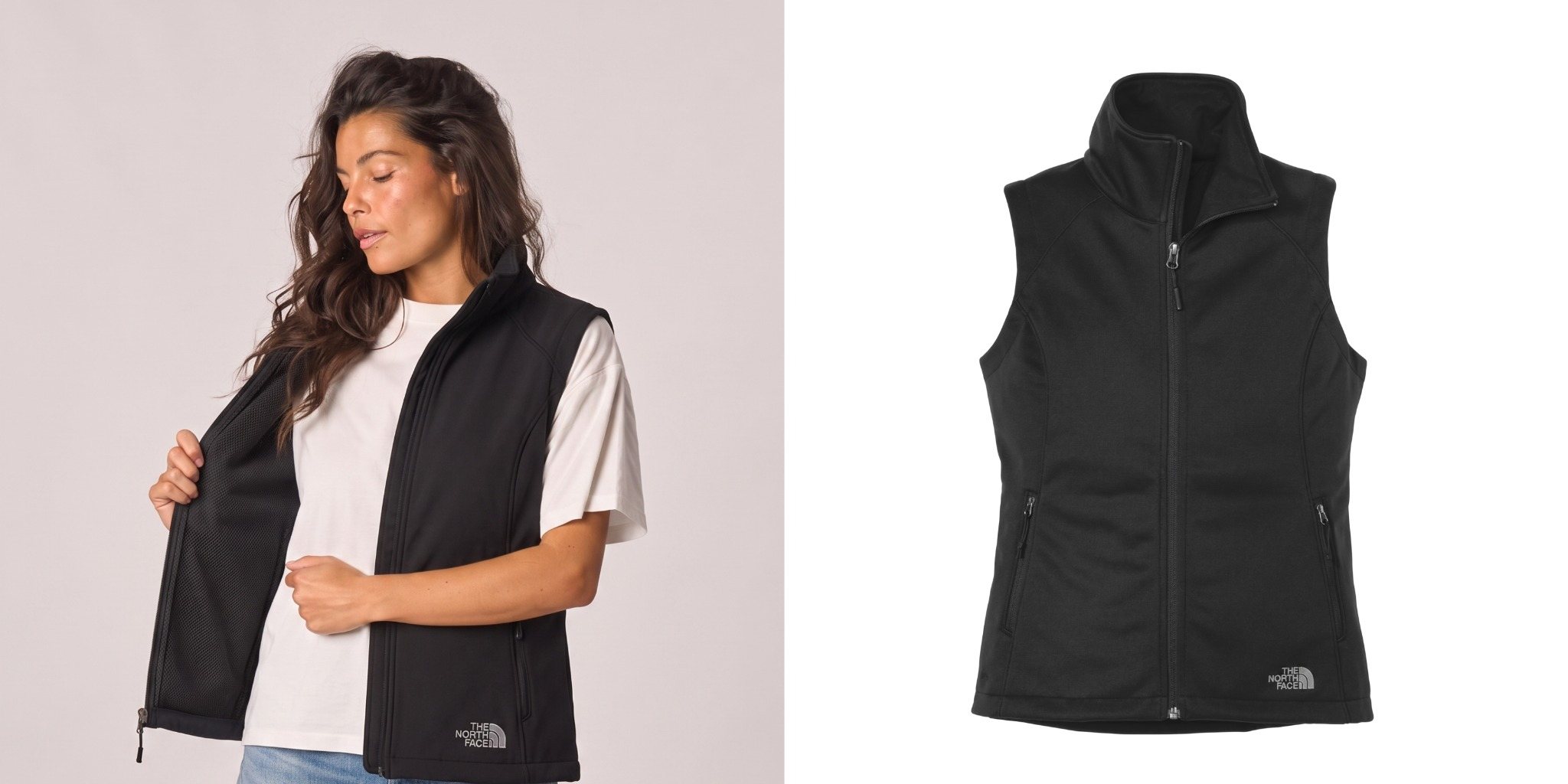Woman wearing a black The North Face Ridgewall Soft Shell Vest over a white shirt next to a product view of the vest.