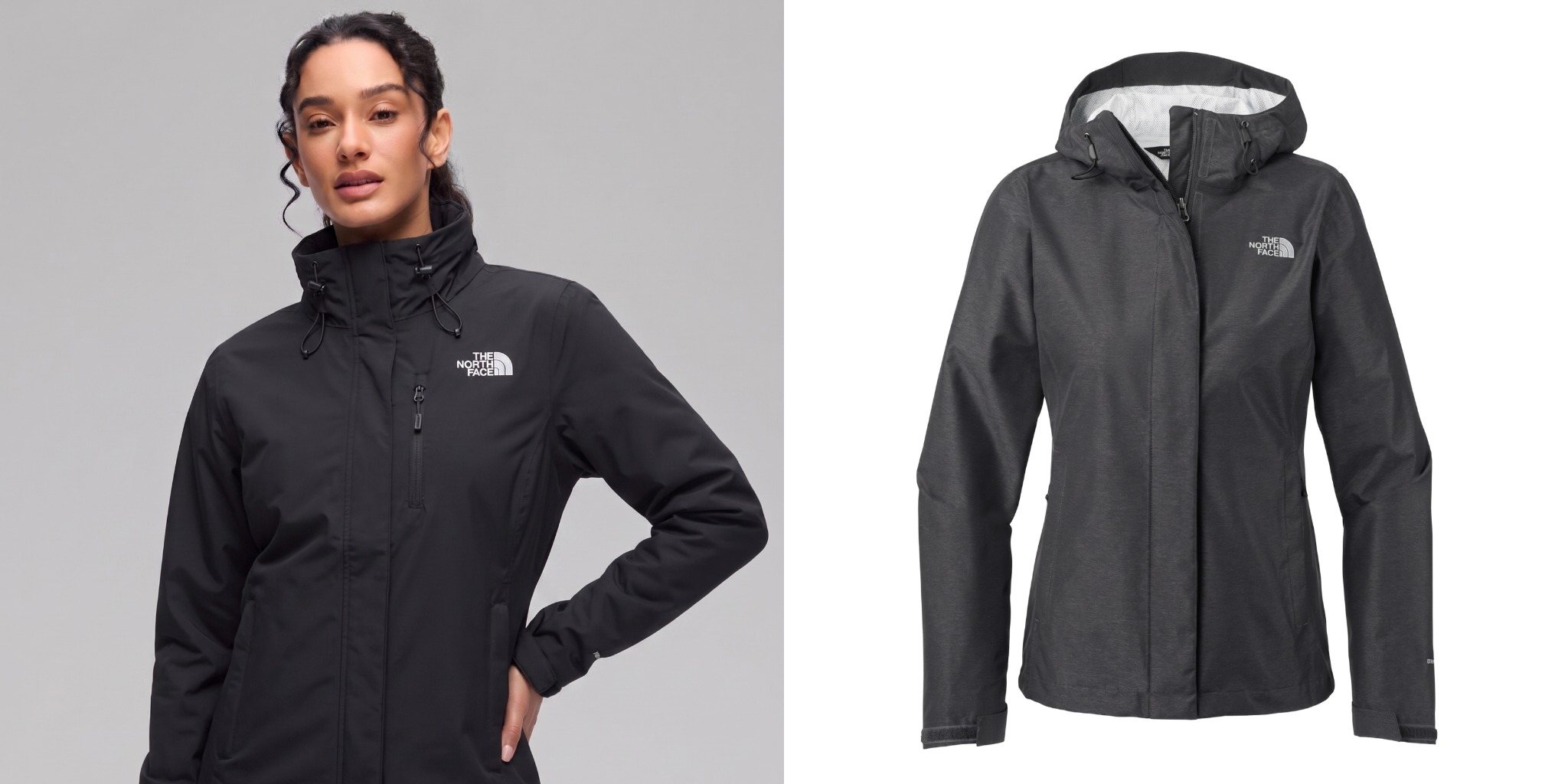 Woman wearing a black The North Face DryVent Rain Jacket next to a product view of the hooded rain jacket.
