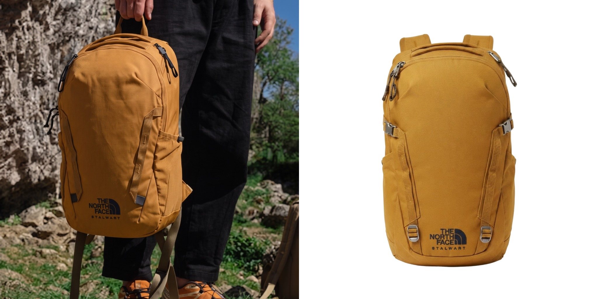 Person holding a mustard yellow The North Face Stalwart Backpack outdoors next to a product view of the backpack.