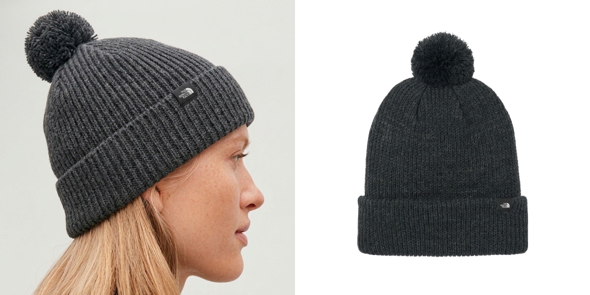 Woman wearing a dark gray The North Face Pom Beanie next to a product view of the knit beanie with pom.