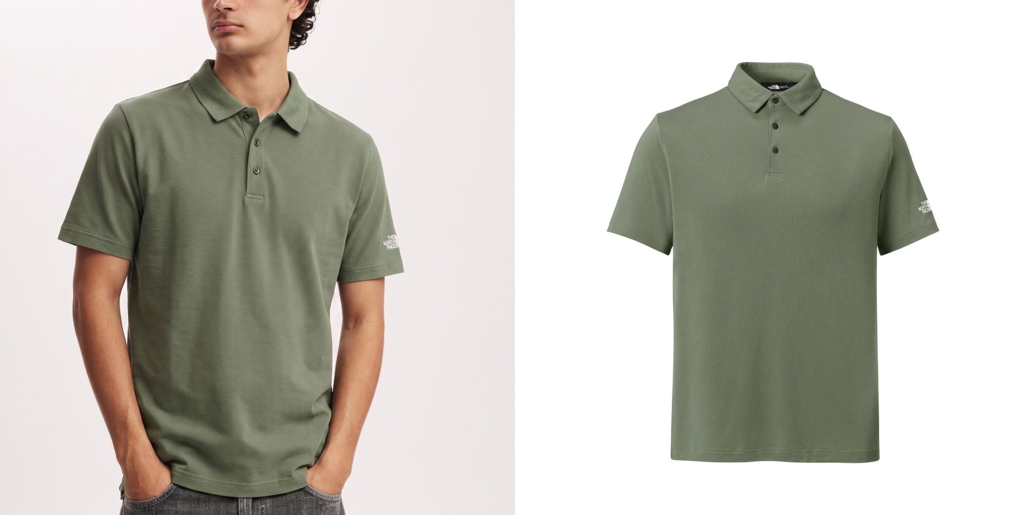 Man wearing an olive green The North Face Canyon Crest Polo next to a product view of the short-sleeve polo.