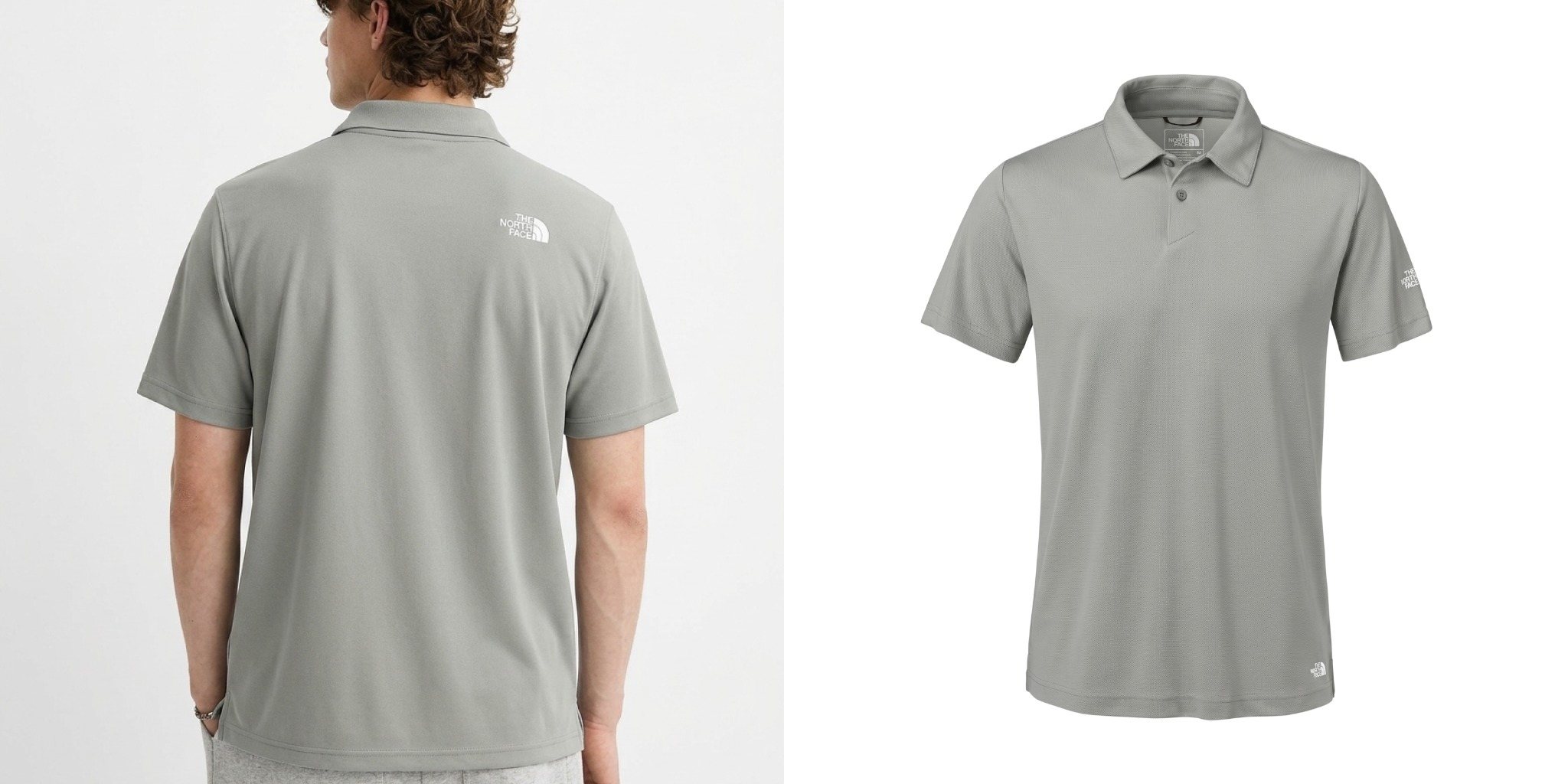 Man wearing a gray The North Face Ambition Polo shown from the back next to a front product view of the polo.