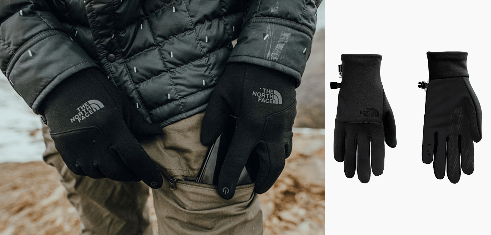 A model outside wearing black The North Face gloves sliding phone into his pocket next to product shot. 