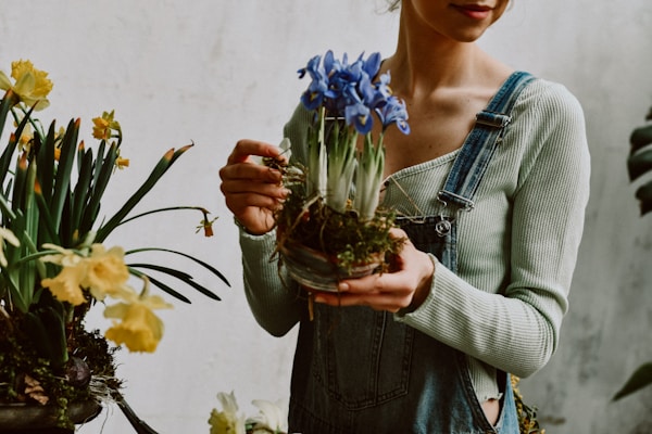 A woman holding a potted plant in her hands