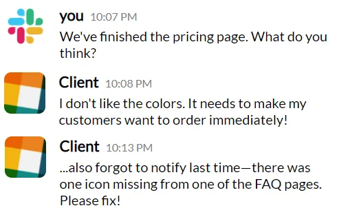 A client giving their feedback via Slack.