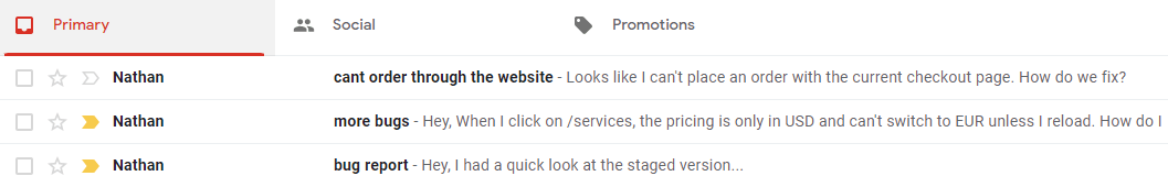 An email inbox full of bug reports from a client.