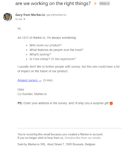 Example of a voice of customer survey email.
