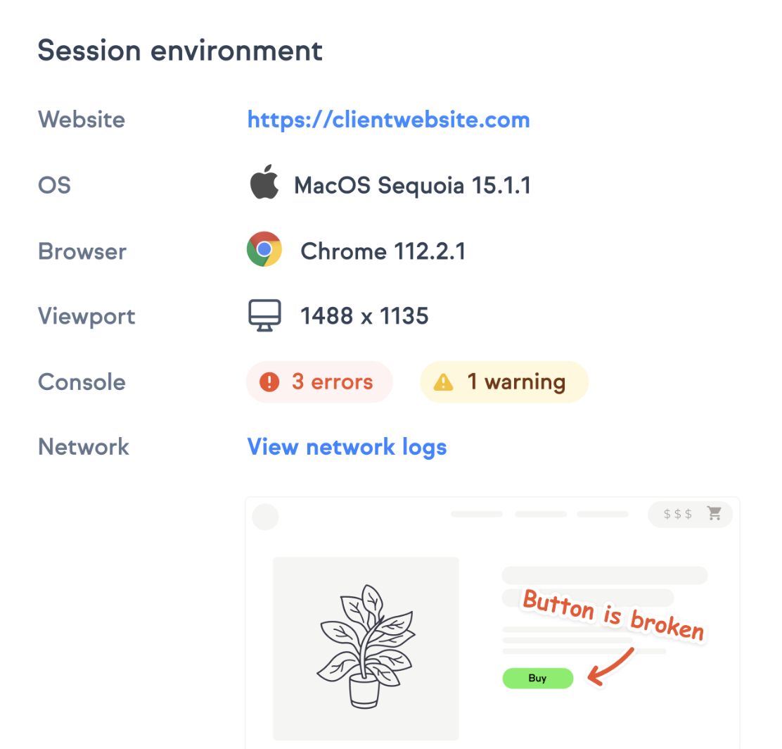 A Marker.io bug report with browser, operating system and screen dimensions captured automatically.