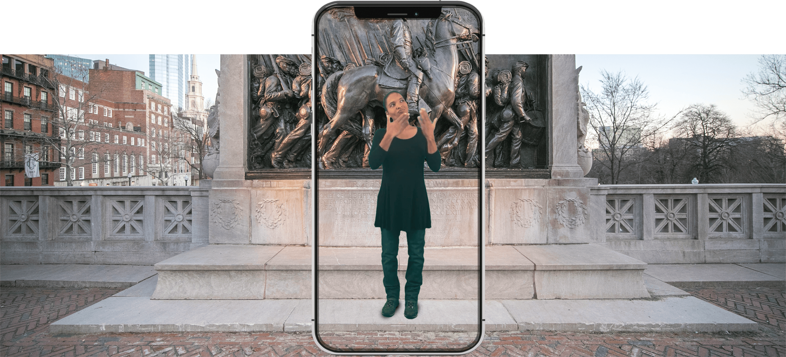 greenscreen photo of histroian in front of sculpture