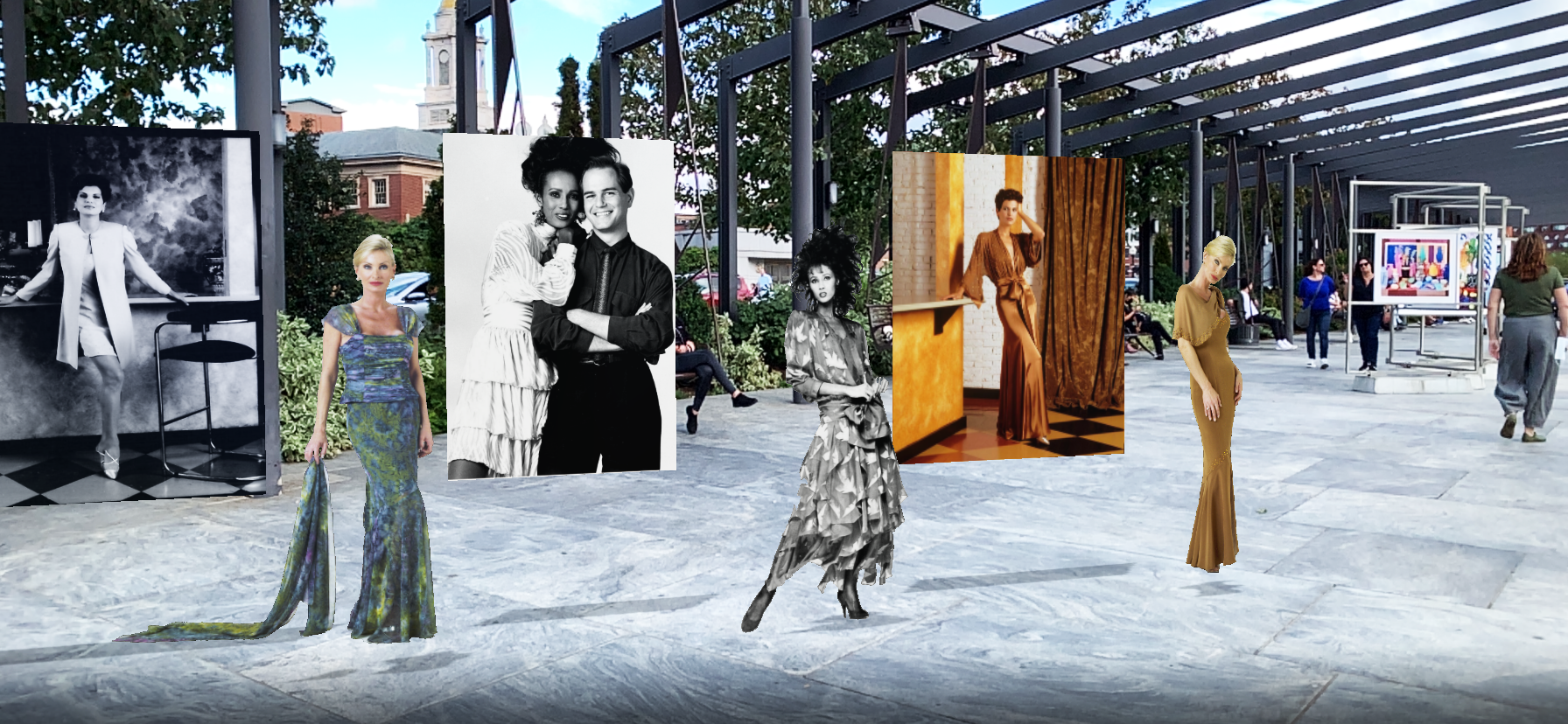 Outdoor art exhibit with large portrait photos of fashion models and couples in vintage styles hanging under a pergola, with two dressed-up women posing beside the photos on a marble floor and passersby walking in the background.