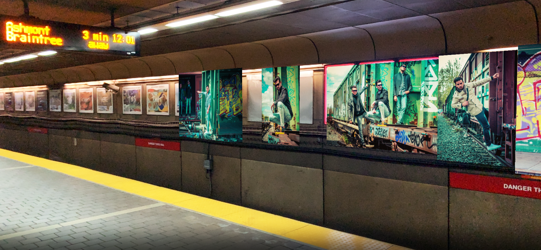 Subway platform with yellow safety edge and illuminated sign showing destinations Ashmont and Braintree. The far wall features framed posters and a sequence of colorful augmented reality photos of a man posing on and around graffiti-covered train cars in various casual outfits.