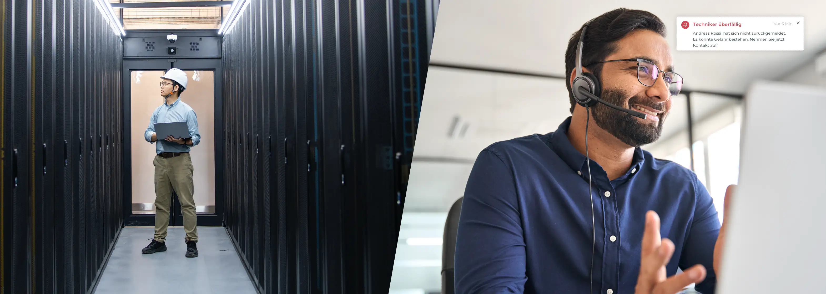 Techniker im Rechenzentrum mit Tablet und Leitstelle im Hintergrund zeigt digitale Überwachung im Außendienst