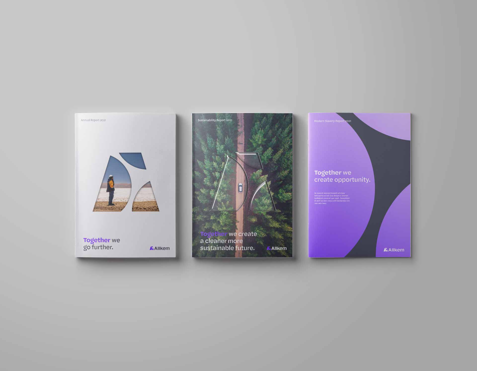 Three 2021 reports: Annual with desert hiker, Sustainability with forest road, and Modern Slavery with purple design.