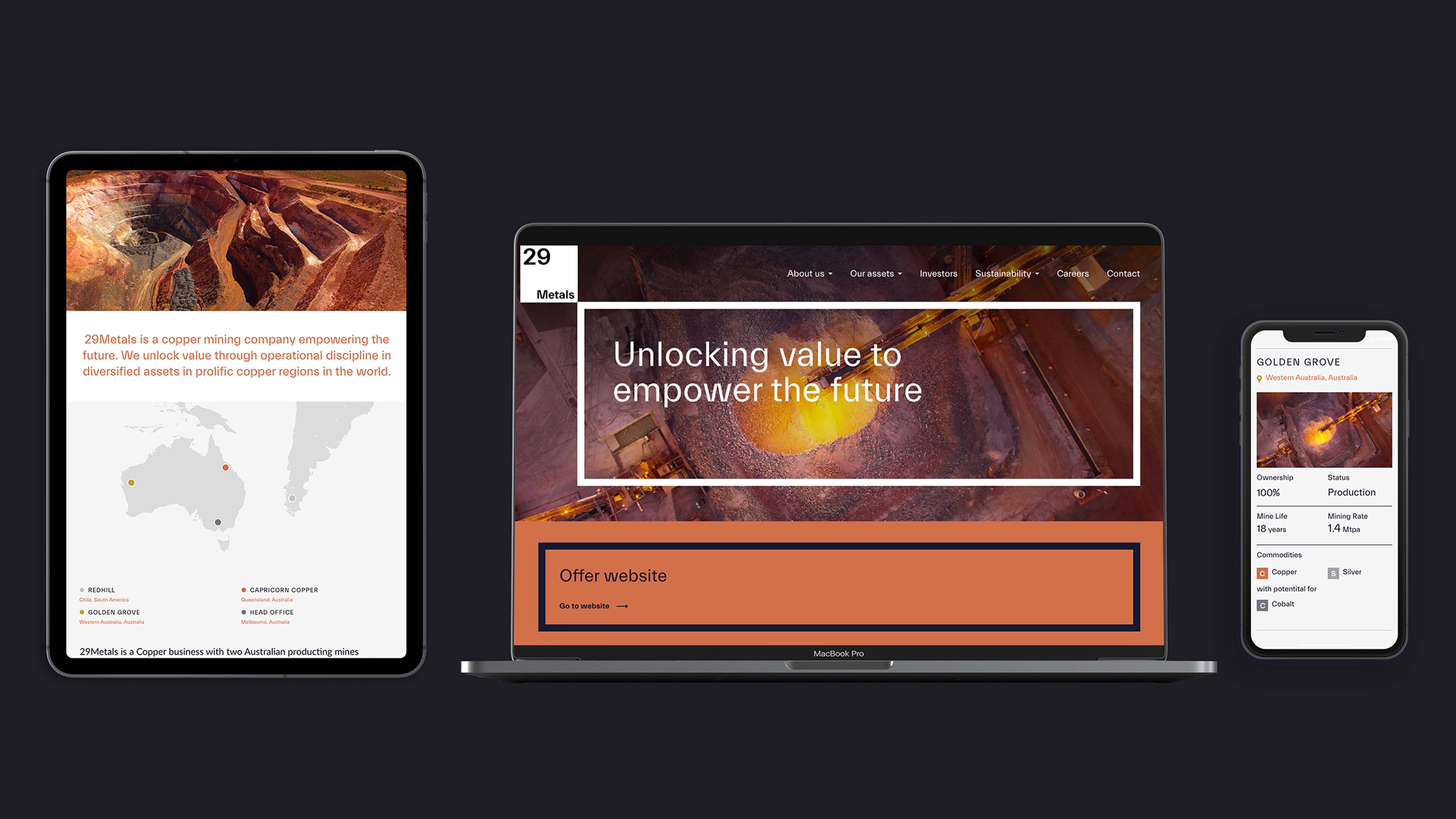 Tablet, laptop, and phone show copper mining company 29Metals' website with maps, data, and mining visuals.