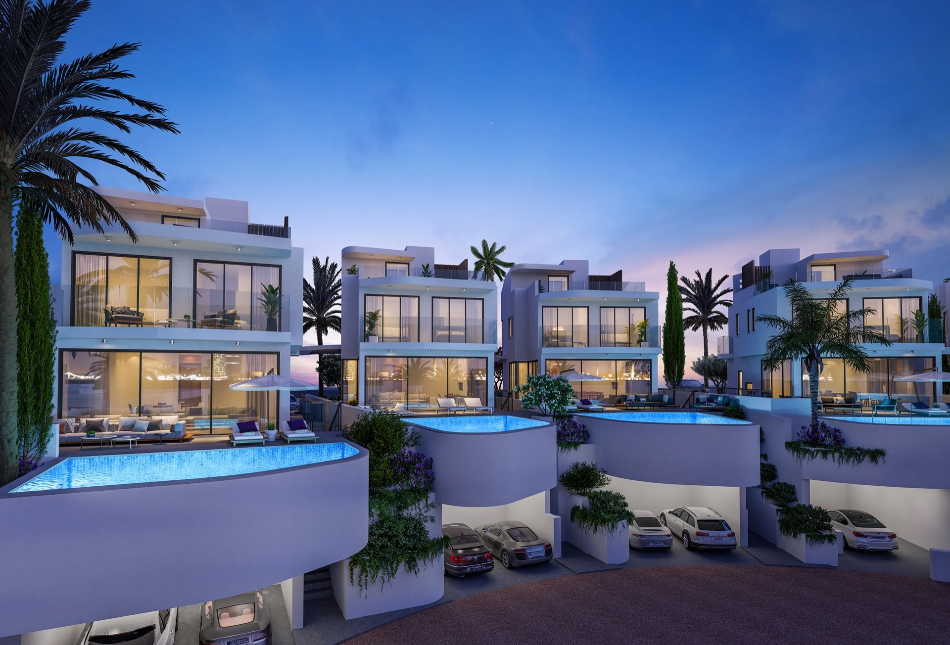 Rendering of Armonia Beach Villas in Kissonerga near Paphos at dusk, with private pools above the garages