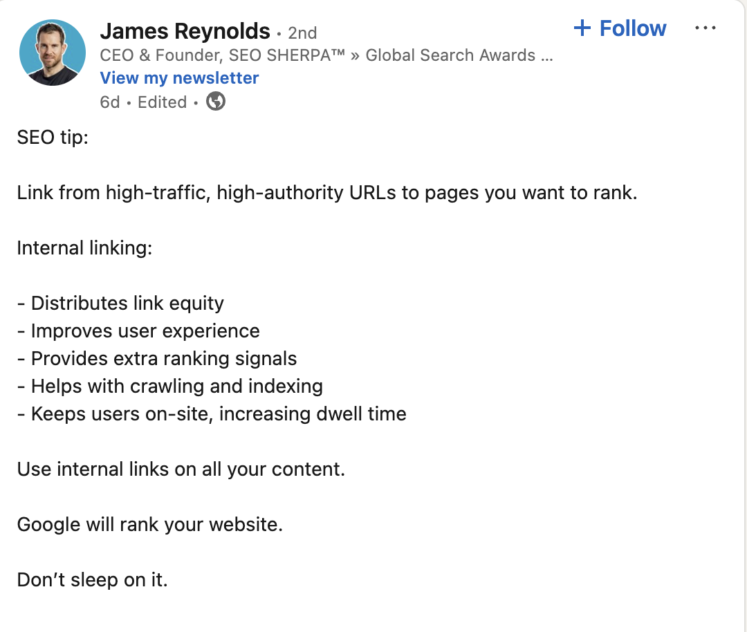 linkedin post example for marketers - quick tip
