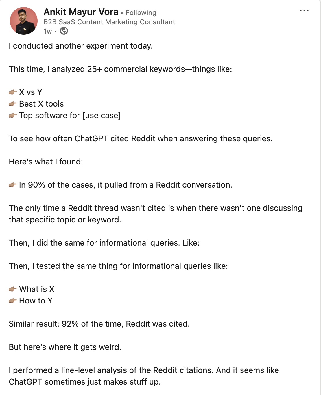 linkedin post example for marketers - experiment