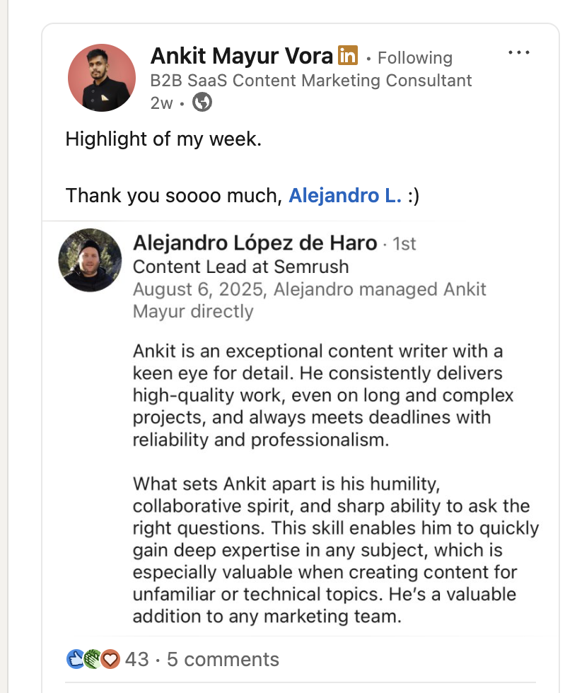 reccomendation linkedin post example to get hired