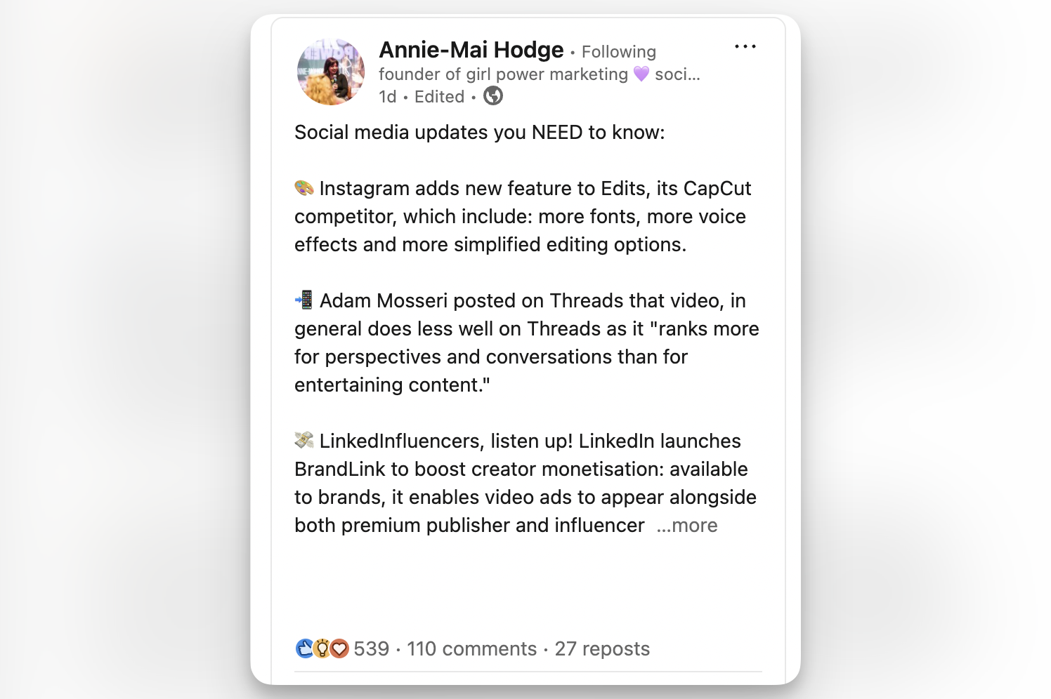 Linkedin post example from an influencer