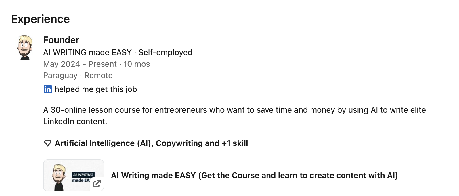 linekdin work experinece example