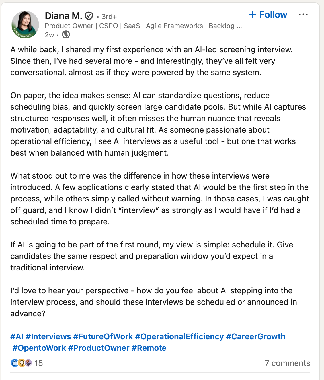 Example 3: Open-to-Work Post Focused on Expertise and Perspective