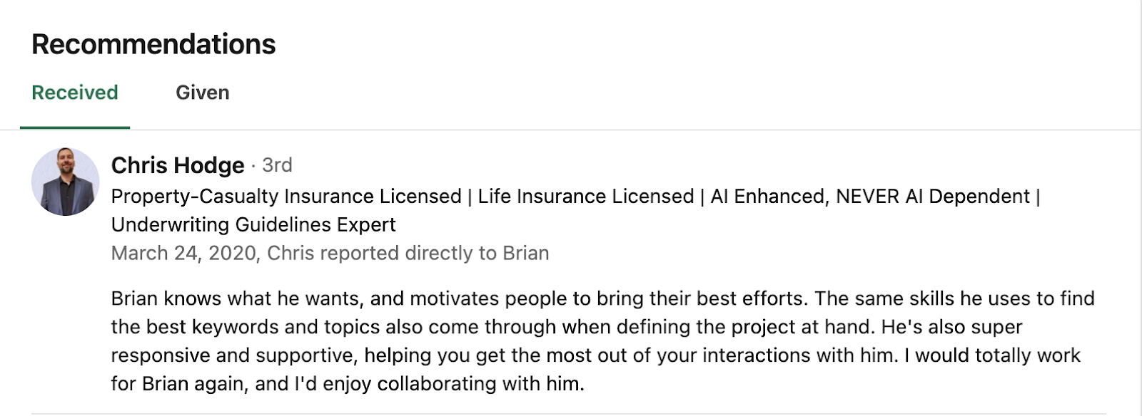 linkedin recommendation example