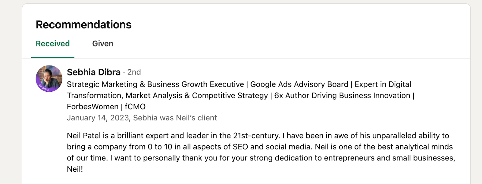 LinkedIn Recommendation example