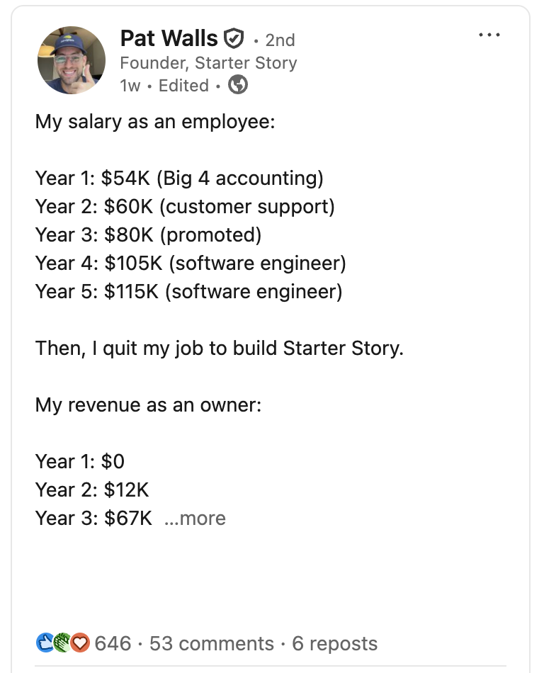 Viral LinkedIn Post Example: Pat Walls (Transparent Story)