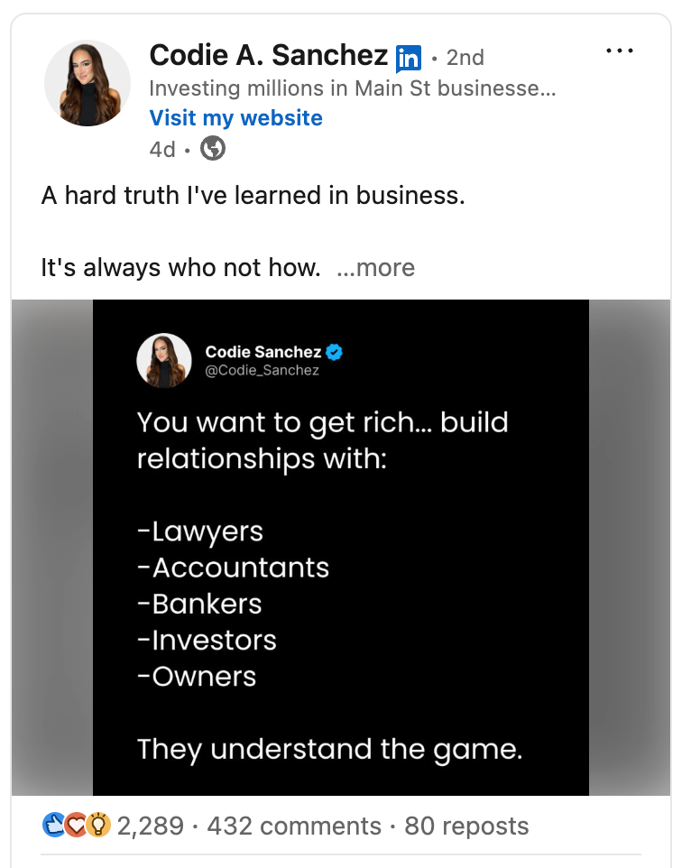 Viral LinkedIn Post Example: Codie A. Sanchez (Opinion Post)