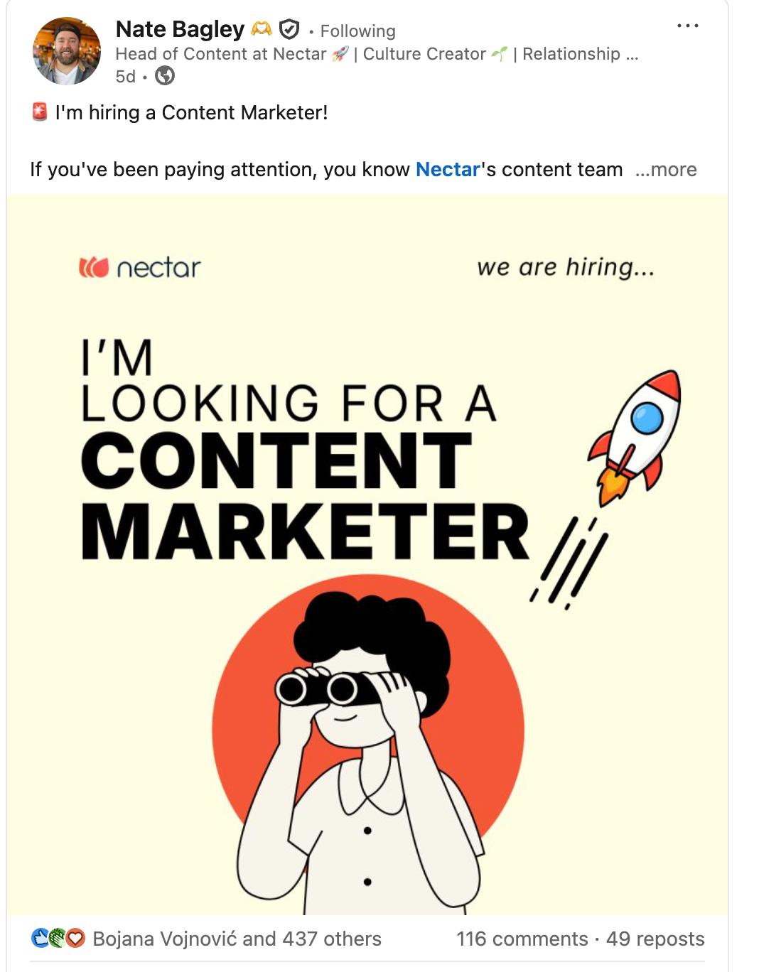Viral LinkedIn Post Example: Nate Bagley (Hiring Post)