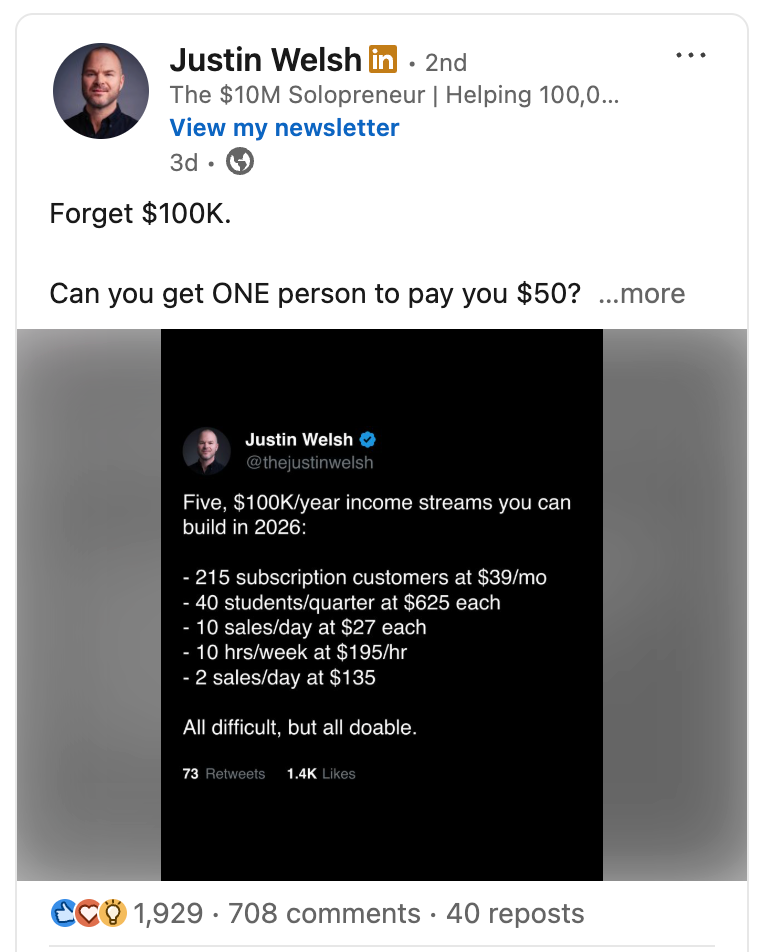 Viral LinkedIn Post Example: Justin Welsh (Text Post)
